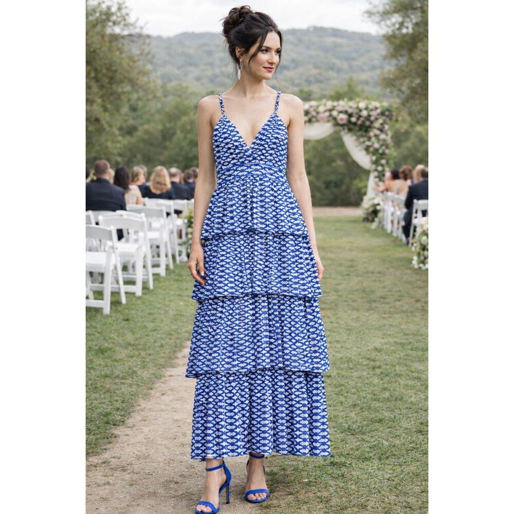 Ro’s Garden Maxi Dress Large Blue White Tiered Halter V-Neck Open Back Cotton